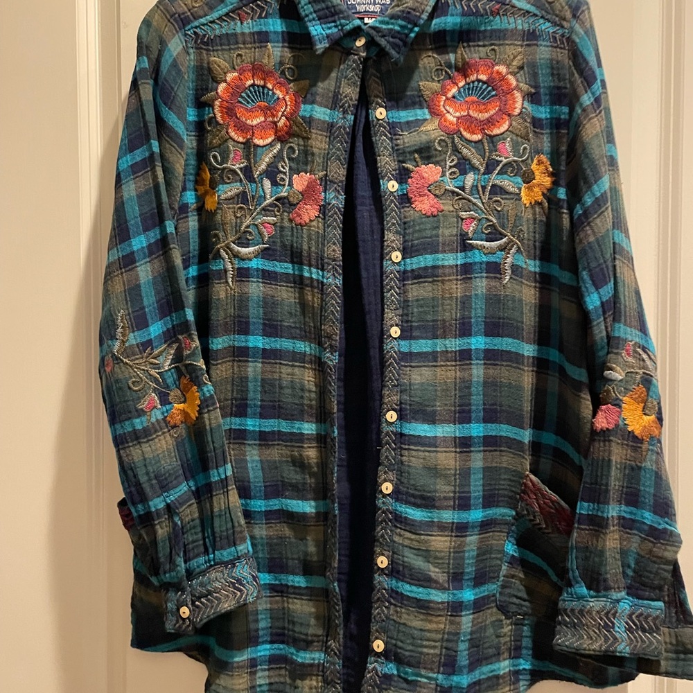 Johnny Was Blue and Green Plaid Shirt